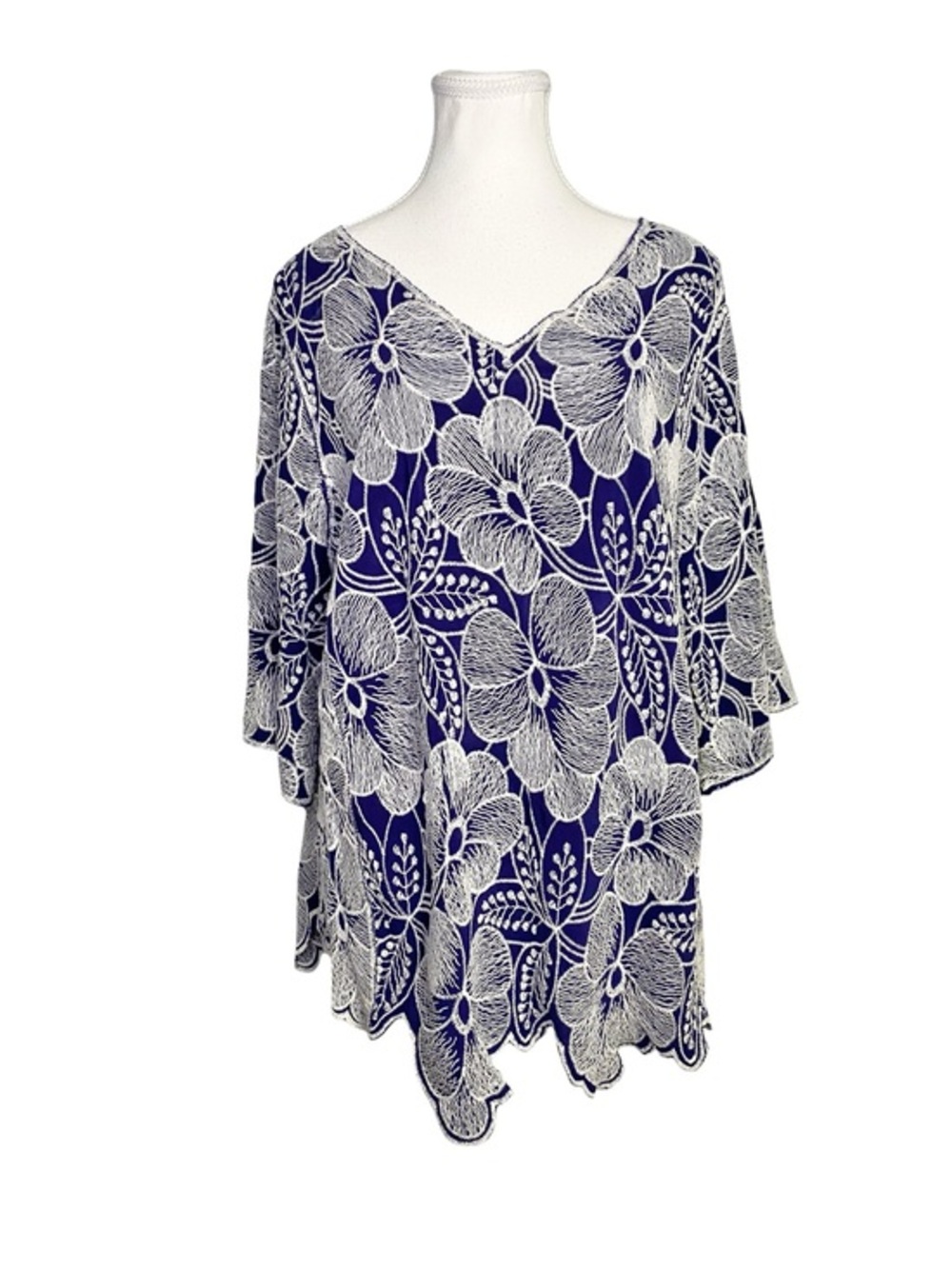 Kindred+ Plus Size Navy Blue White Floral Embroidered Boho Peasant Top